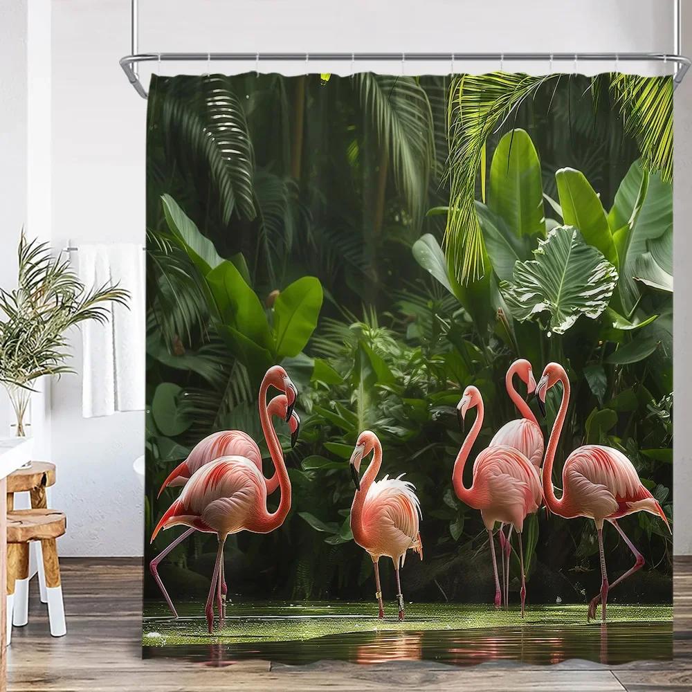 Spring Summer Flamingo Shower Curtain Pink Bird Tropical Leaves Rainforest Jungle Bathroom Decorative Shower Curtain