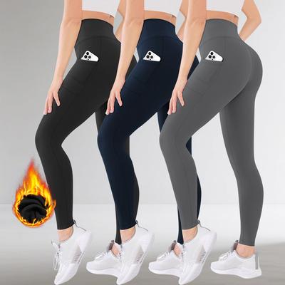 Leggings doublés polaire pour femmes Automne/hiver avec poches Taille haute Style sportif Moulant Leggings de yoga