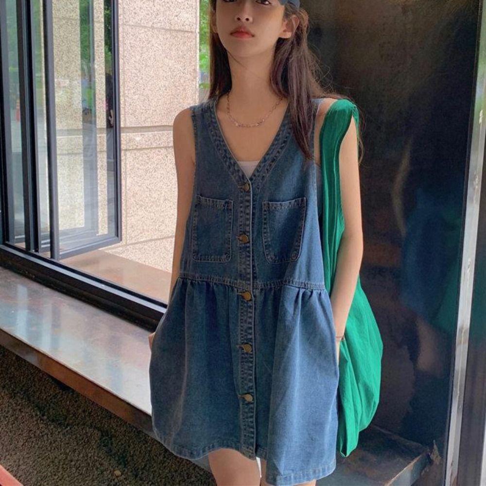 Pleated Cowboy Strap Dress V-neck Sleeveless Short Dress Sweet Denim Camisole Dress  Beachwear