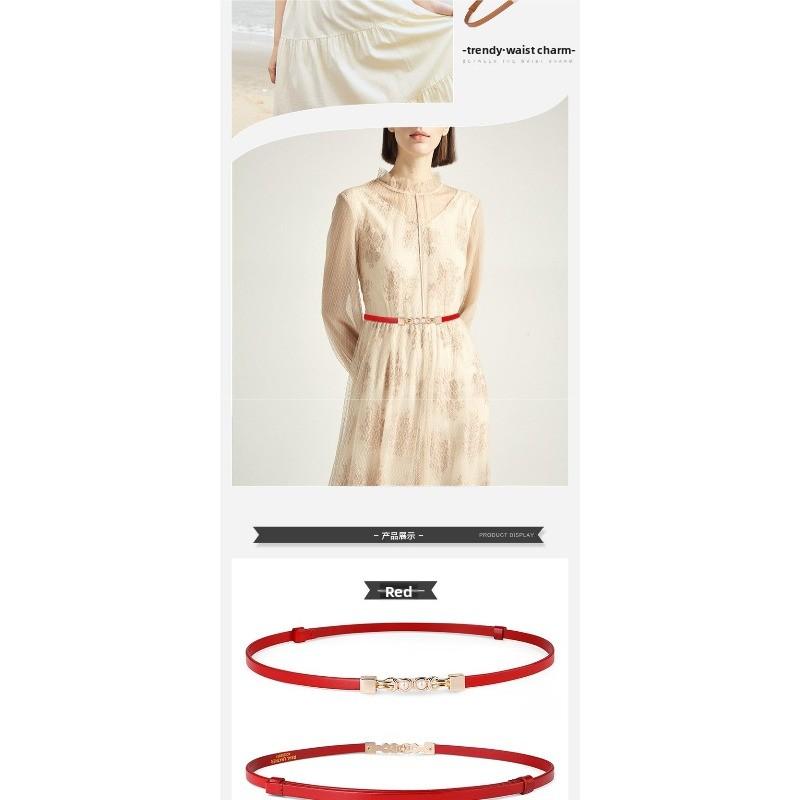 Meier Women's top grain leather skinny belt - decorative dress waist cincher with versatile pearl buckle waist chain
