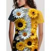 Tricou de damă cu imprimeu floral - Galben viu și albastru margaretă gât rotund mânecă scurtă top casual pentru toate anotimpurile tricouri de damă