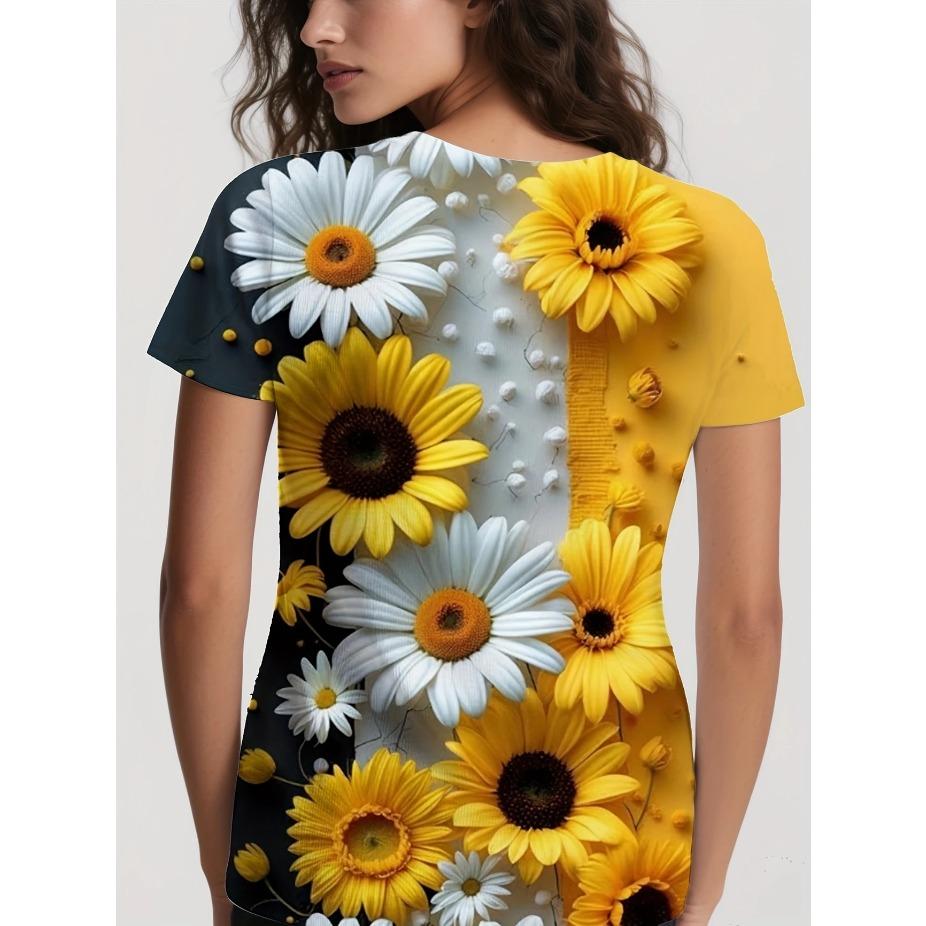 Tricou de damă cu imprimeu floral - Galben viu și albastru margaretă gât rotund mânecă scurtă top casual pentru toate anotimpurile tricouri de damă