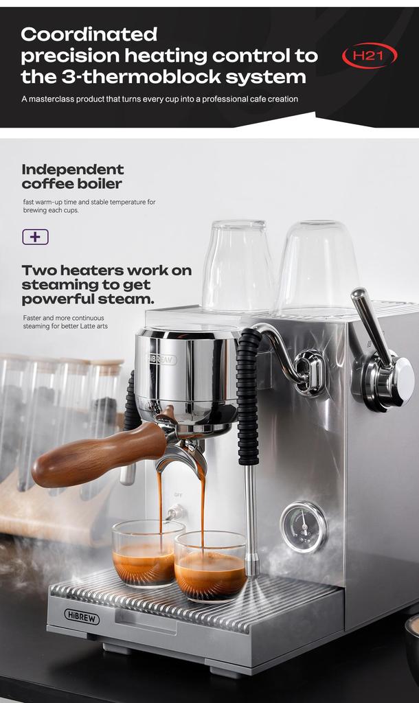 Máquina de Café Espresso Comercial HiBREW H21, Control de Temperatura PID, Sistema de 3 Calderas, Tanque de Agua de 1.8L, Cafetera para Cappuccino Latte
