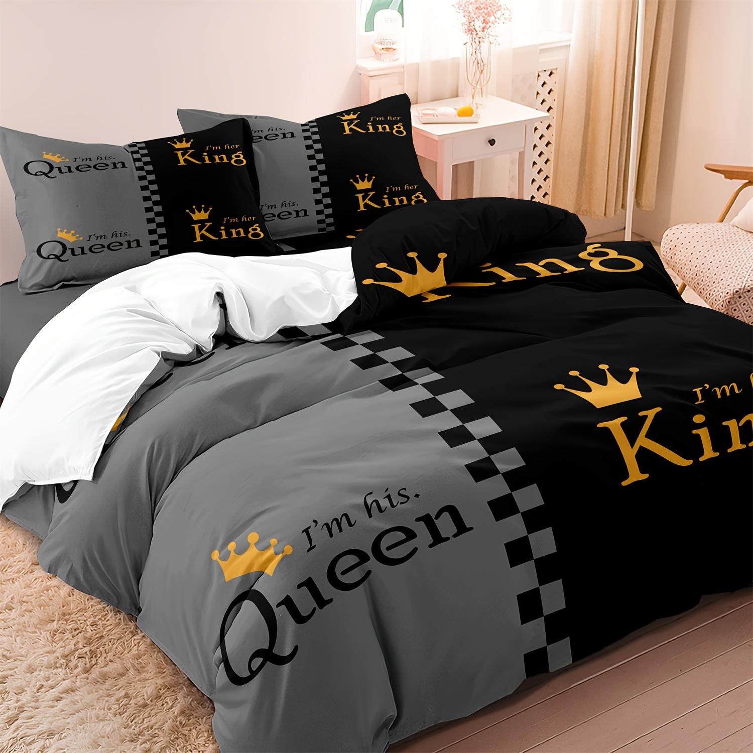 

[Popular Choice] 2/3pcs Duvet Cover Set, Fashion Black And Gray Crown Design Print Bedding Set, Soft Comfortable (135x200cm)