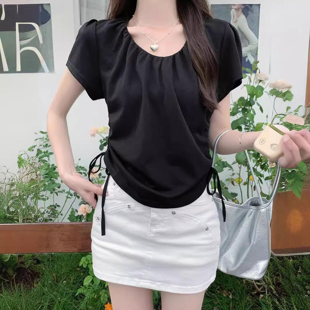 Tricou cu șnur, plisat, cu gât U, cu mâneci scurte, pentru vară, îmbrăcăminte de damă, design nou, nișă, top scurt în talie