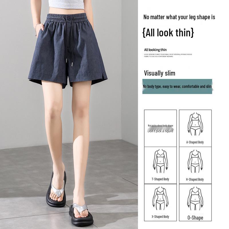 Dámské modré ledové hedvábí rychleschnoucí s vysokým pasem áčkového střihu s elastickým pasem volné ležérní široké nohavice střední délky 2025