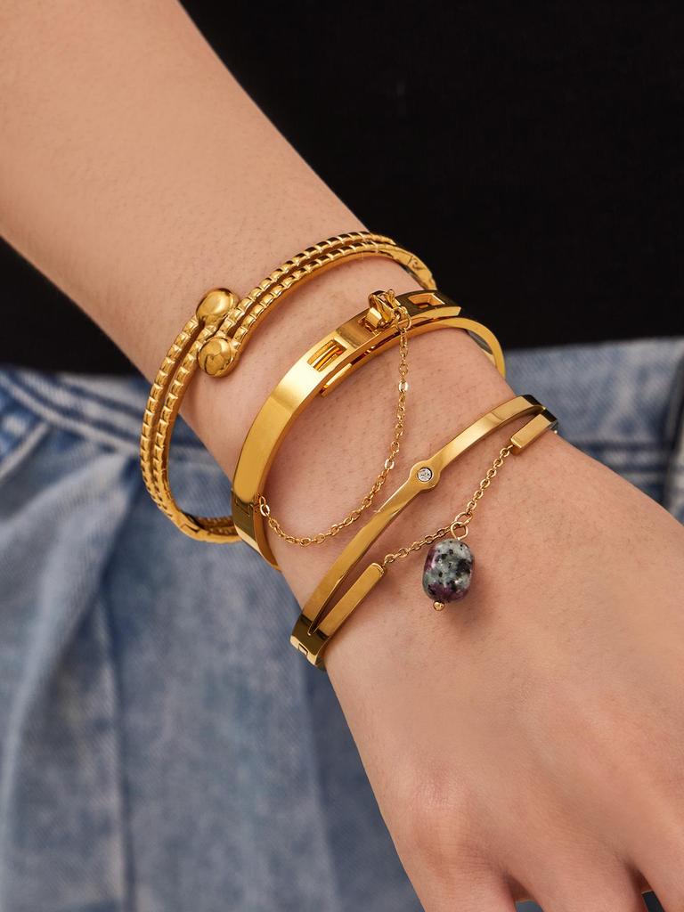 Modern Chinese Style Stone Pendant Gold-Plated Stainless Steel Geometric Bracelet