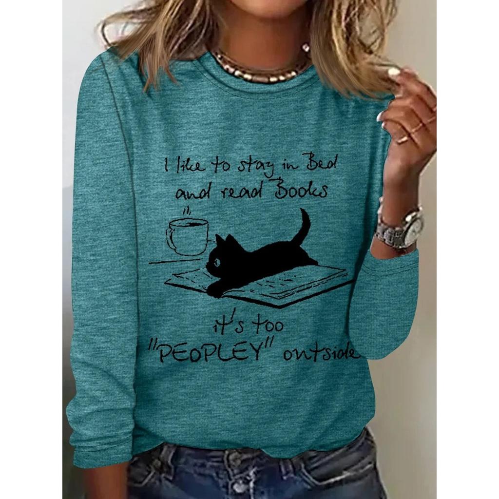 Fun Cat Print Top with Retro Artistic Style Round Neck Long Sleeved Women's T-shirts