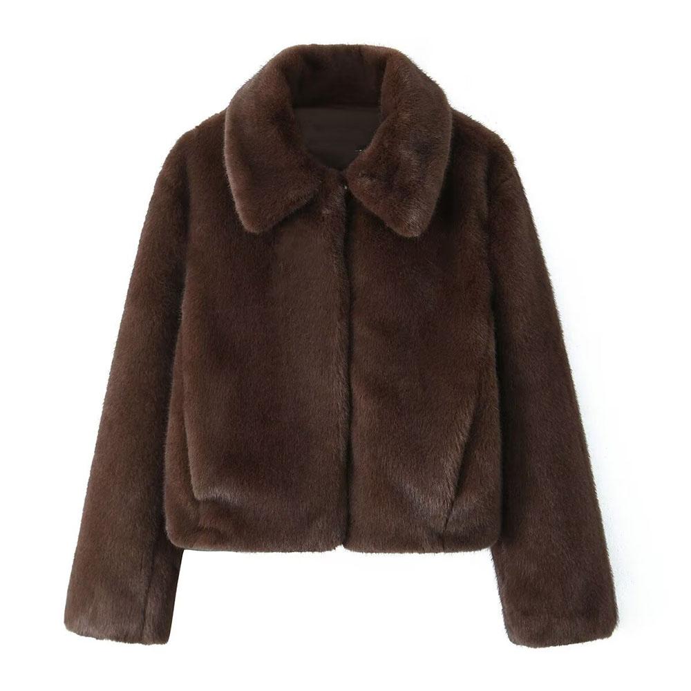 

Женское 2025 Весна Новая Мода Ленивый Стиль Эффект Искусственного Меха Пальто Ретро Длинный Рукав Шикарный Лацкан Теплый Топ Верхняя Одежда Mujer L темно-коричневого