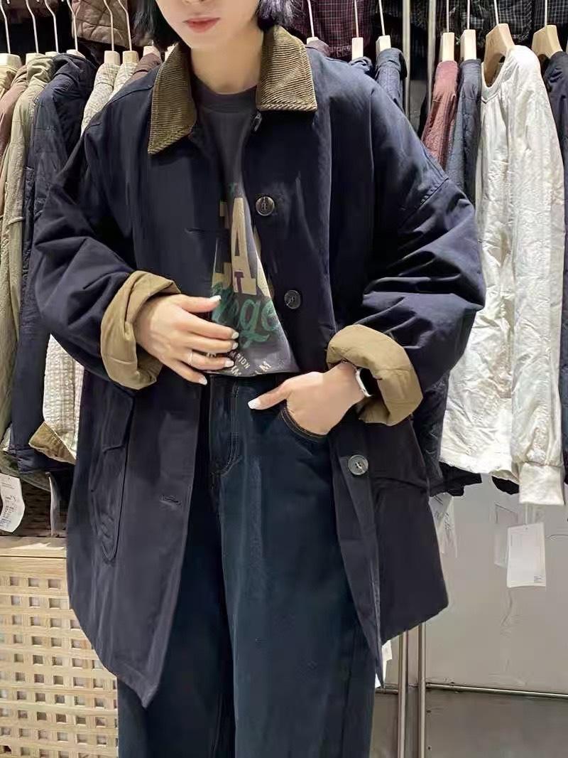 

Casual contrasting color lapel big pocket cotton-padded coat 2025 autumn and winter medium and long cotton-padded jacket M