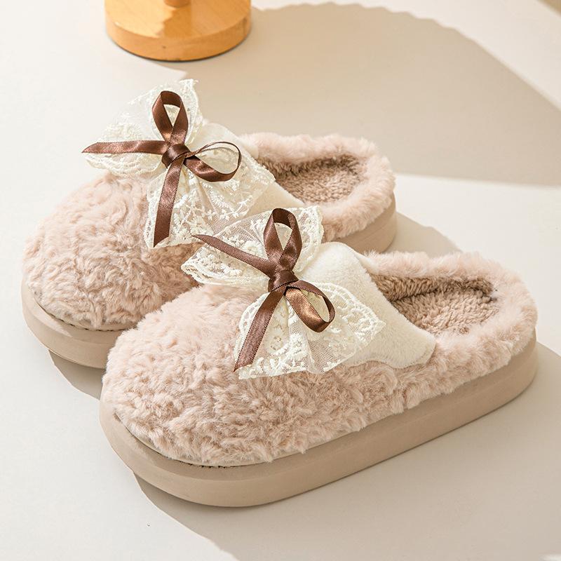 Neue Winter-Baumwollpantoffeln für Damen, Heimtextilien, Schmetterlingsknoten, warme Plüsch-Sandalen für Damen