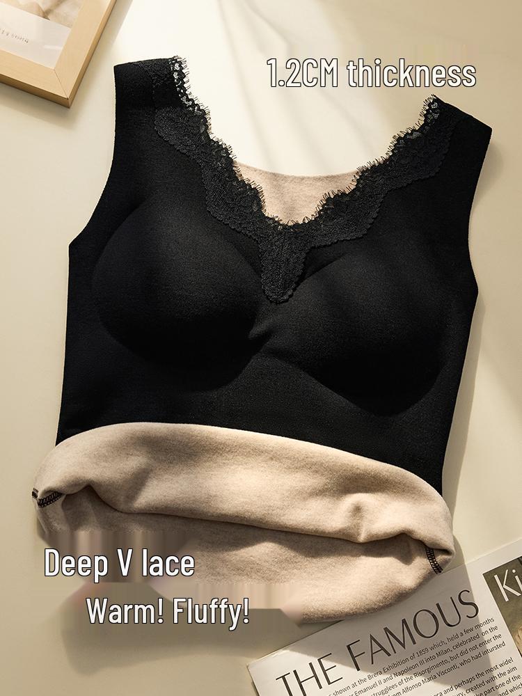 

Women s Fleece-Lined Warm Underwear Vest with Built-in Bra Pads and Deep V Lace Collar for Autumn/Winter 2XL (fits 135-150 pounds)