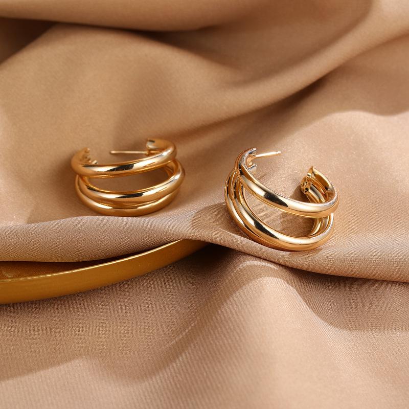 Gold Plated Triple Open Hoop Earrings Polished Shiny Surface Perfect For Daily Wear Office Party Travel