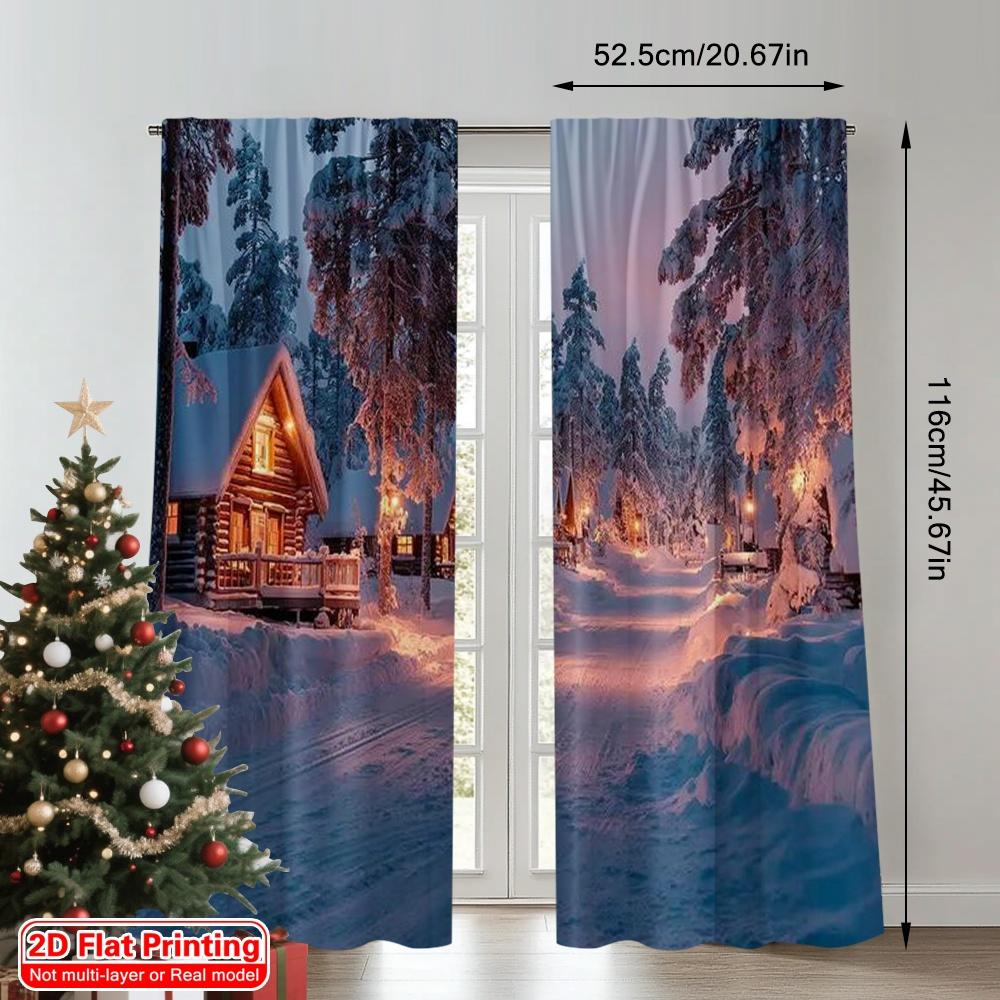 2pcs 2D flat printing Christmas Curtains Charming Snow Village Durable 100% Polyester Fabric Without Electricity Versatile Use