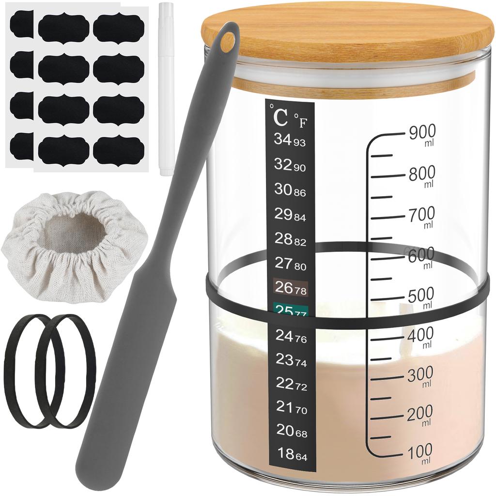 900ml Sourdough Starter Jar Kit Heat Resistant Clear Glass Fermentation Jar with Wooden Lid Spatula for Dough Starter Baking