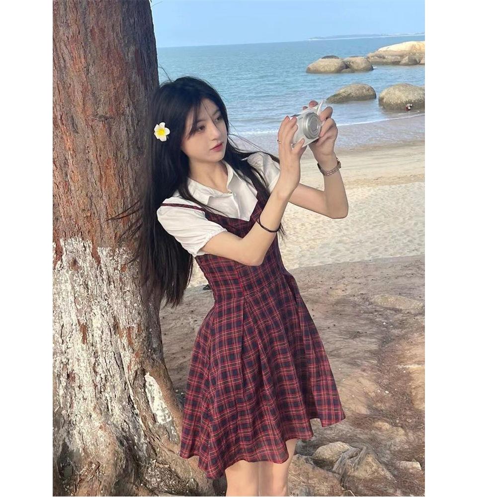 Fake Two-piece Bubble Sleeve Plaid Suspender Dress Women's Summer Niche Design High-end Temperament Waist Short Skirt