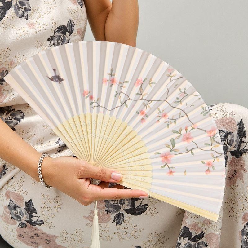 Tragbarer Handfächer Neuer Chinesischer Stil Tanzrequisiten Retro Muschelfächer Frau Männer Bambus Holz Seidenblume Faltfächer