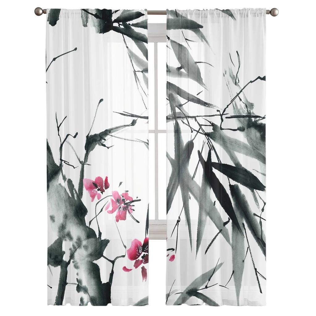 Bamboo Leaf Petal Blooming Sheer Curtain For Bedroom Tulle Voile Curtain For Kitchen Living Room Decor Window Treatment