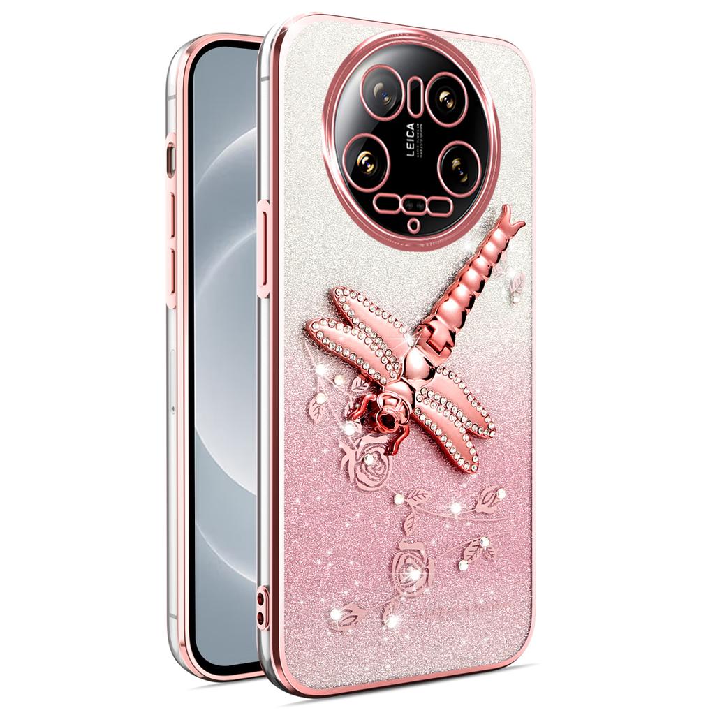 For Xiaomi 14 Ultra Case Dragonfly Kickstand TPU Flowers Glitter Phone Cover
