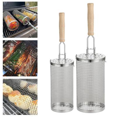 Rotating BBQ Grill Basket with Wood Handle Stainless Steel Cylinder Cage for Camping Non-Stick Outdoor Cooking Tool