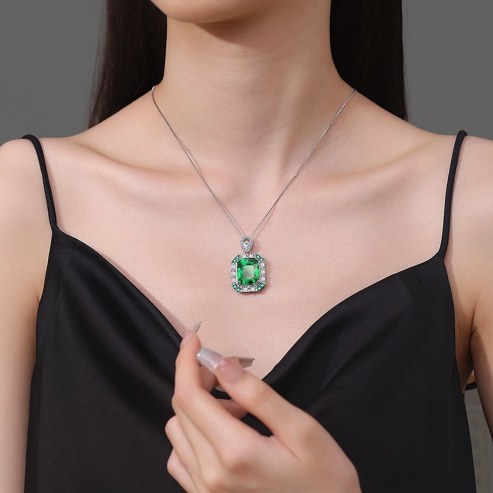 925 Sterling Silver Vintage Luxury Square Green Crystal Zircon Necklace Wedding Anniversary Birthday Anniversary Party Gift