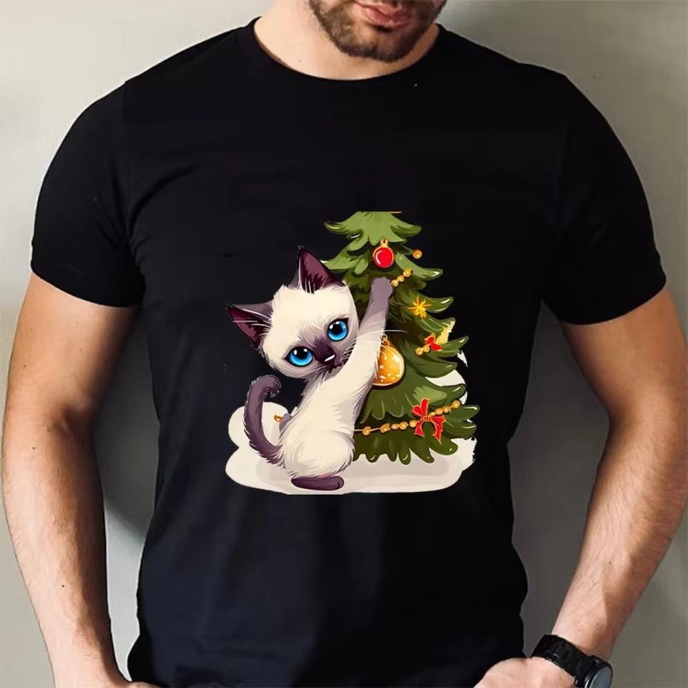 Christmas Cat T-Shirt for Men Xmas Cute Cat Lover Graphic Y2k Tops Short Sleeve Tees Funny Streetwear Tshirt Oversized Clothing