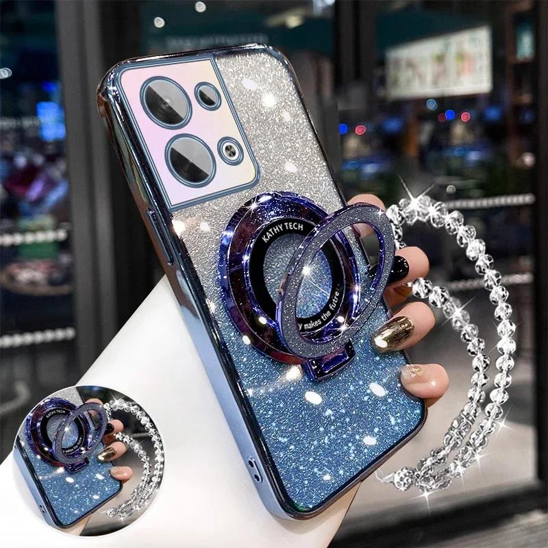 Glitter Crystal Bracelet Magnetic Holder Case For Oppo Reno12 Reno 12 Pro 13 11 F 11F 13F 12F 10 8 7 6 5 Pro Lite Bracket Cover
