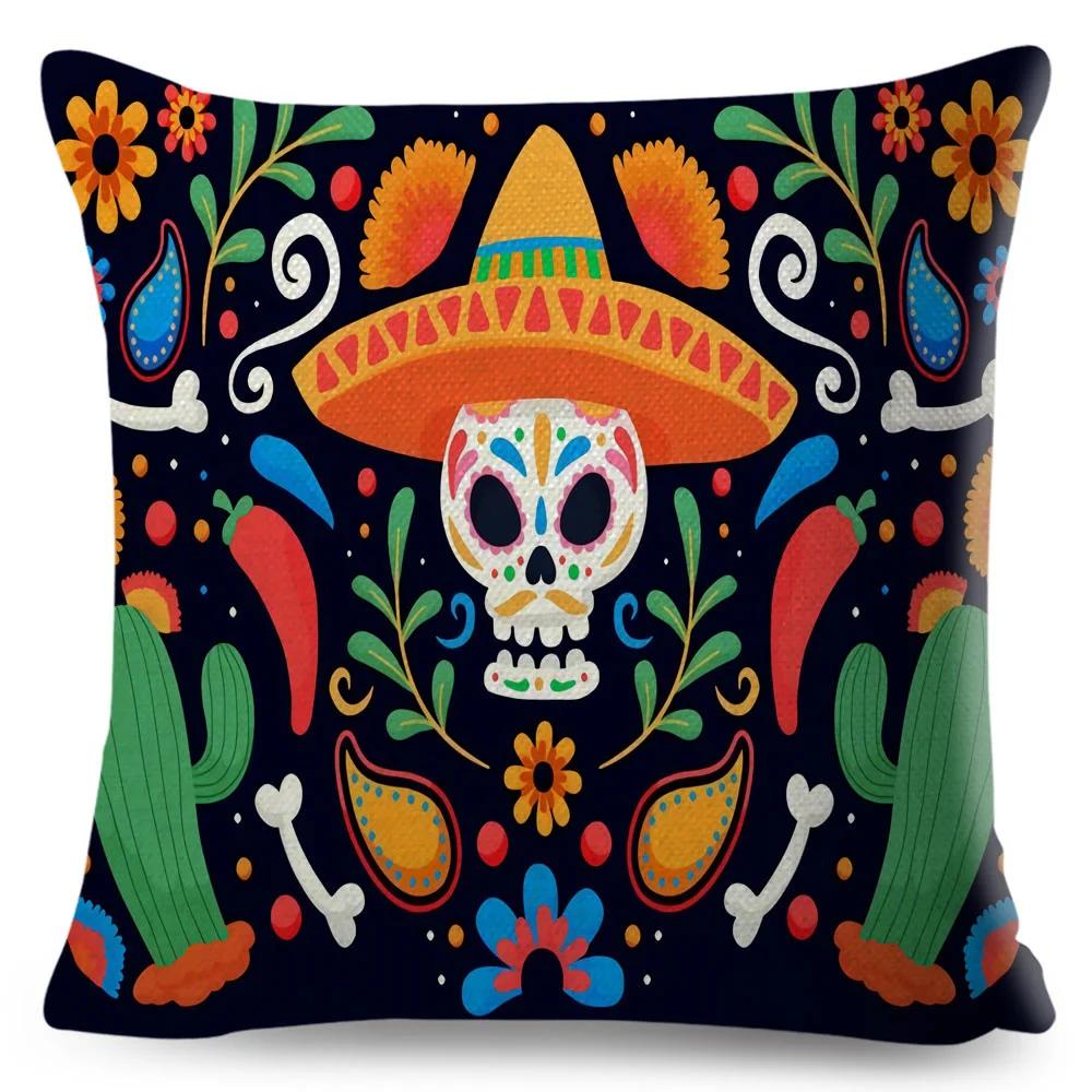 Day Of The Dead Pillowcase Decor Cartoon Mexico Flower Skull Print Cushion Cover for Sofa Home Polyester Pillow Case 45x45cm