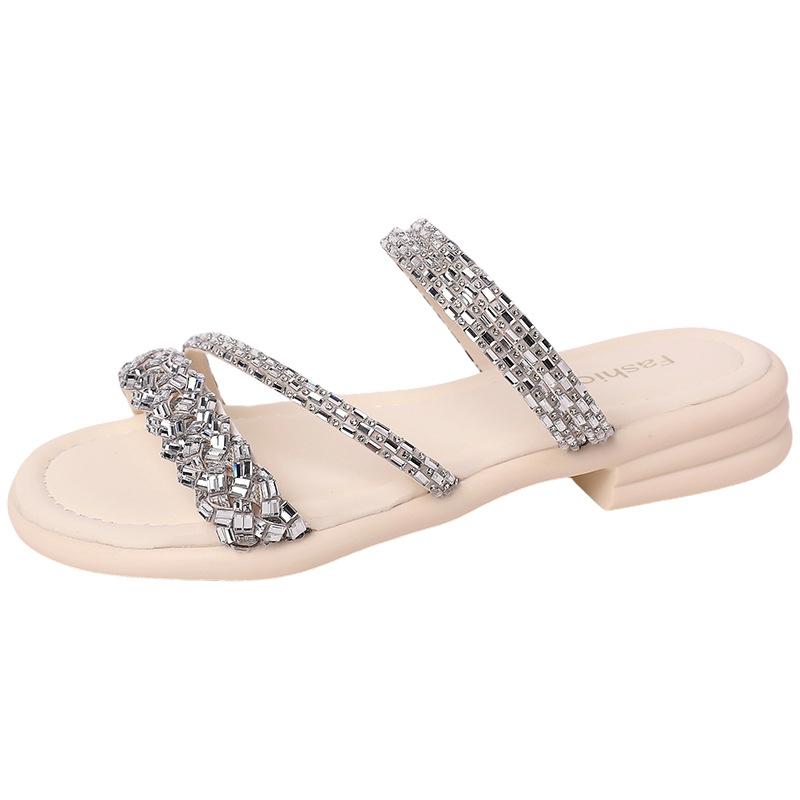 Versatile rhinestone set toe sandals fairy style beautiful slippers summer fashion Internet celebrity two wear thick heel women cool slippers