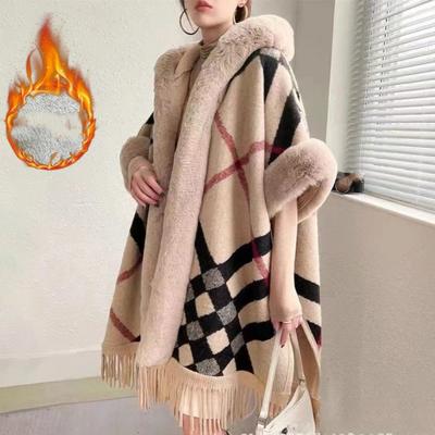 Faux Rabbit Fur Capes Coats Women Plaid Poncho Jackets Tassel Hooded Batwing Sleeves Open Stitch Loose Casual Autumn Winter