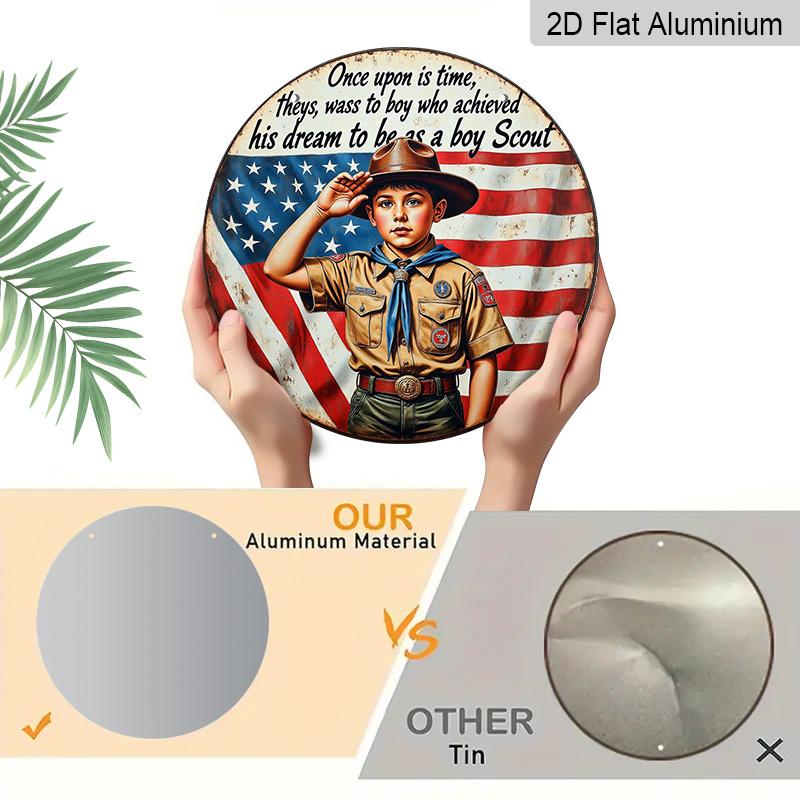 2D Flach, 1 Stück Rund Boy Scout Gruß USA Flagge Aluminium Hängeschild, Vintage Patriotisches Scout Traum Design, Rustikale Metall Wanddekoration, Perfekt für 4. Juli