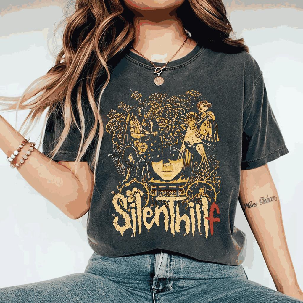 Classic Game Tees Vintage Washed Silent Hill F Horror GameGraphic Print Enthusiast Psychological Fans Tee Men Women Cotton Top