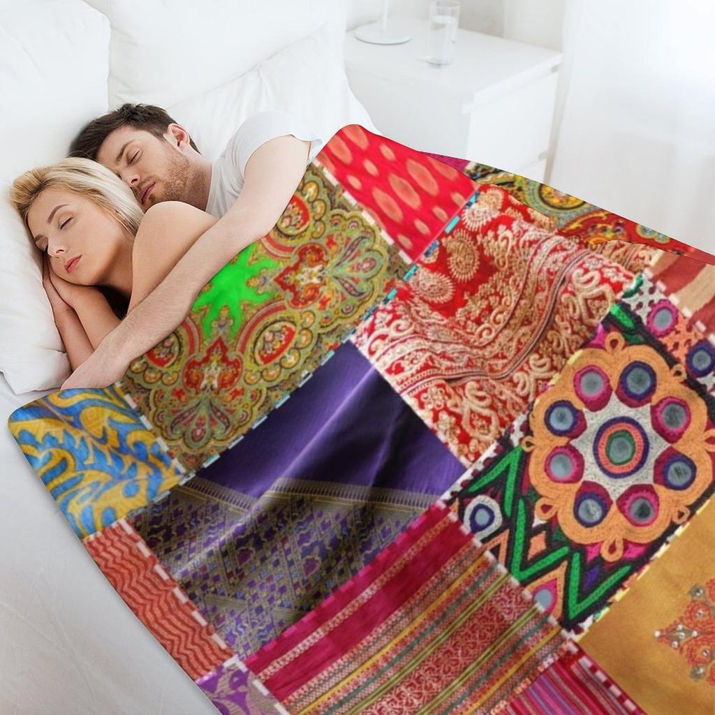 Boho Art Sari Patchwork Quilt Throw Blanket Nap Designers Bed Linens Weighted Blankets