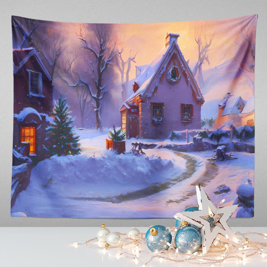 Amazon Festive Hanging Cloth Christmas Background Cloth Printed Cartoon Christmas Tree Snowman Tapestry