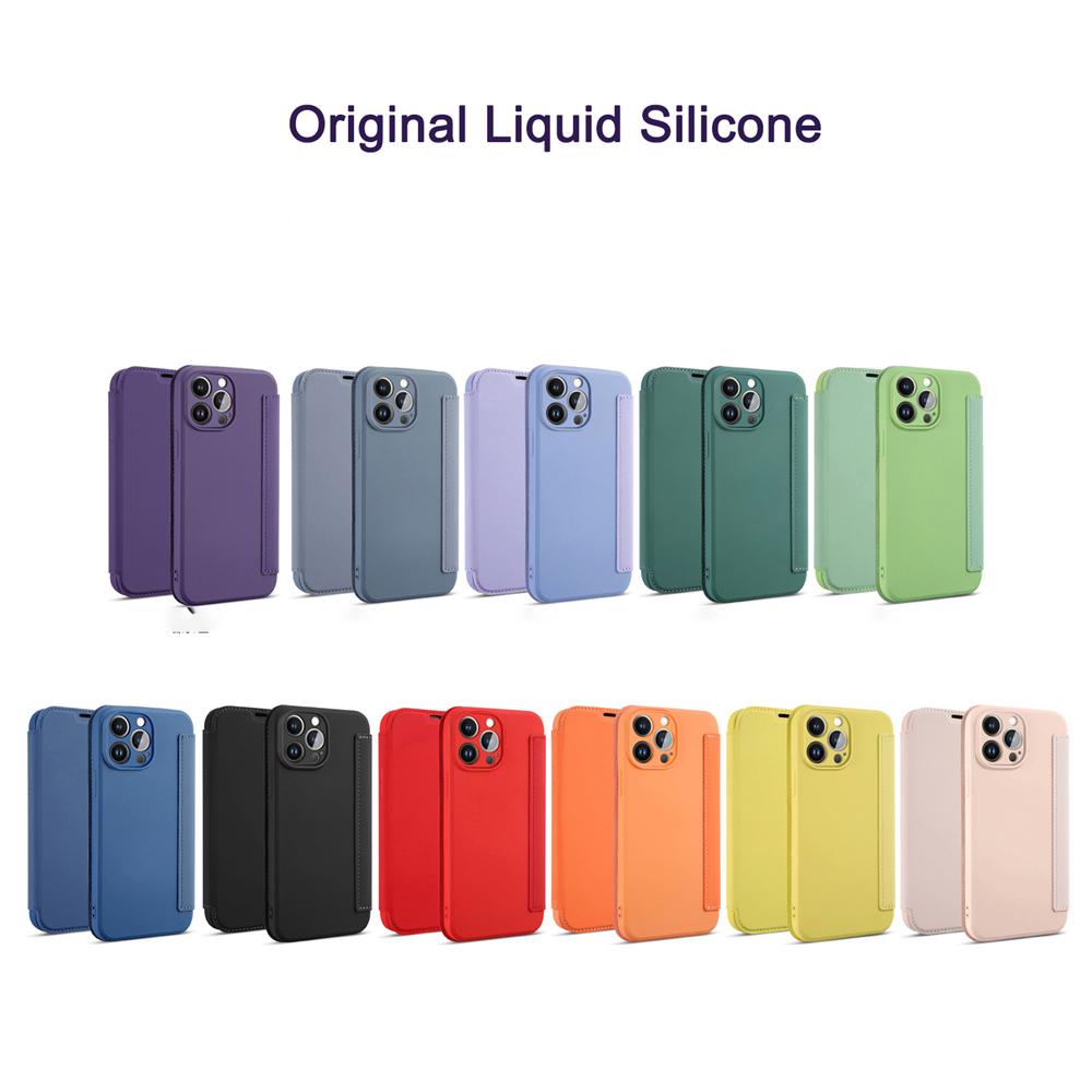 Flip Leather Liquid Silicone Case For APPLE Iphone 12 13 14 11 Pro Max X XR XS Max 14 Plus Solid Color Lens Protection Card Book Cover