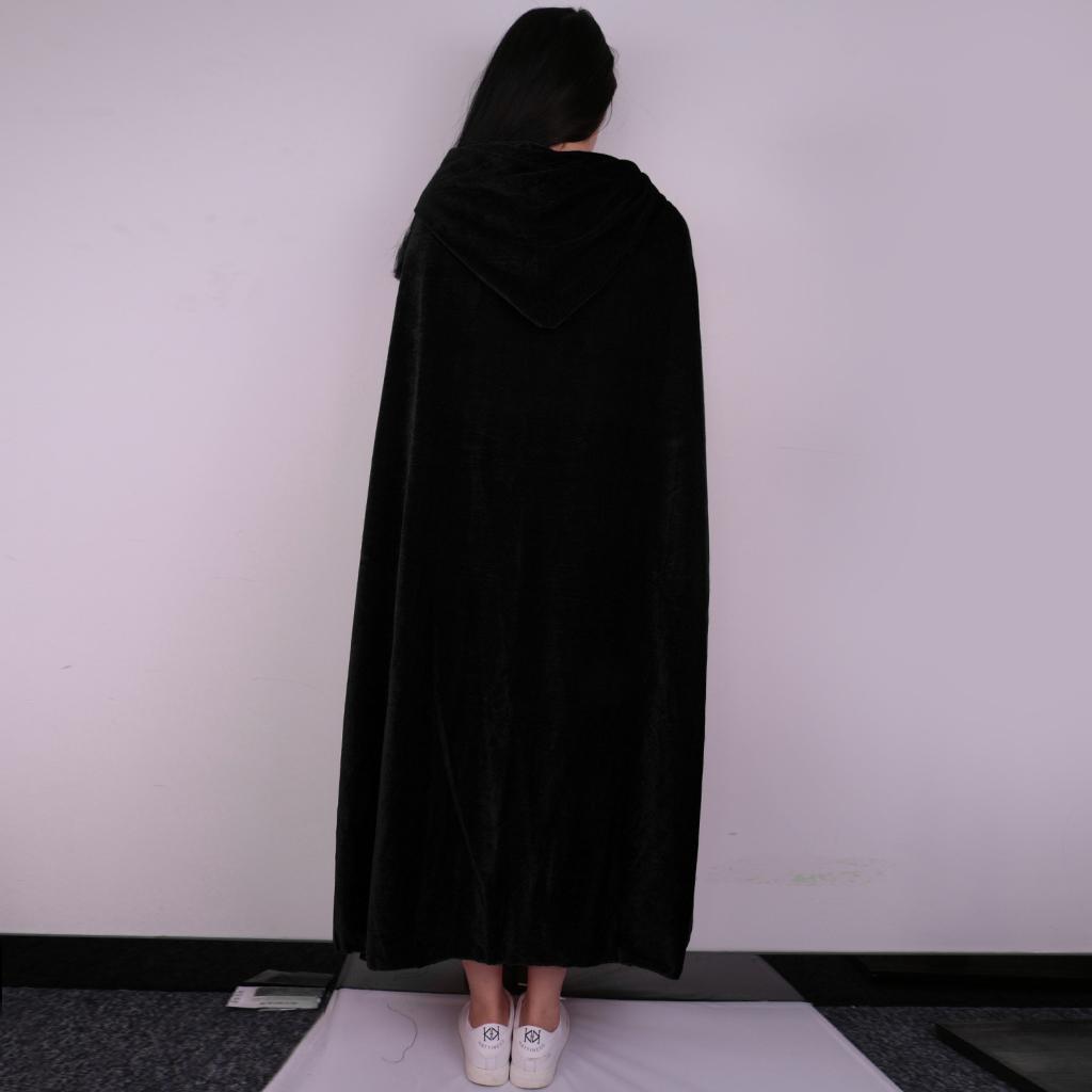 Velvet Ankle Length Cloak Cape With Hood Gothic Fancy Dress Medieval Robe Costume - Black