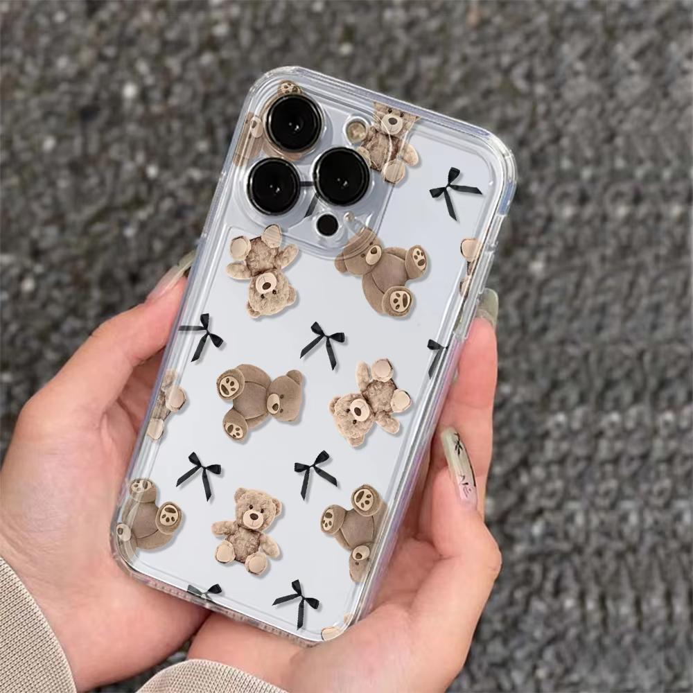 Cute Teddy Bear Bow Transparent Case For Samsung Galaxy S26 S25 S24 Ultra S23 FE S22 S21 S20 Plus A73 A72 A71 A53 A52 A51 Cover