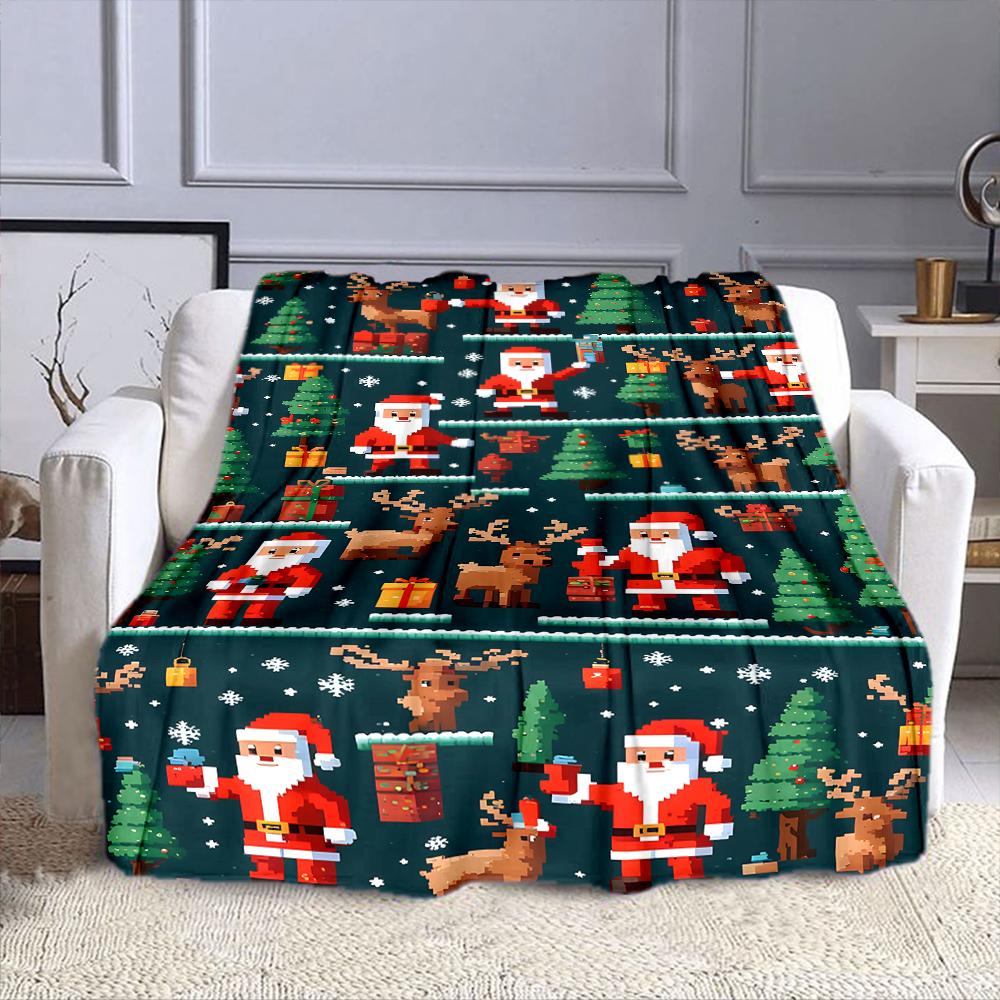 Pixel Santa with Reindeer & Gifts Pattern Patterned Flannel Blanket Perfect for the Bedroom Living Room, Sofa, or a Little Nap