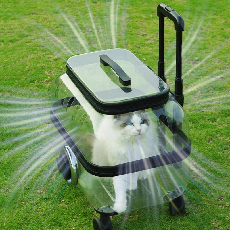 Transparent Pet Stroller Breathable Carrier Backpack Rolling Travel Case for Cats Large Space Cat Bag Foldable Dog Trolley