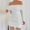 New Autumn Winter Women's European American One-line Collar Long-sleeved Pleated Slim-fit Hip-hugging Sexy Dress