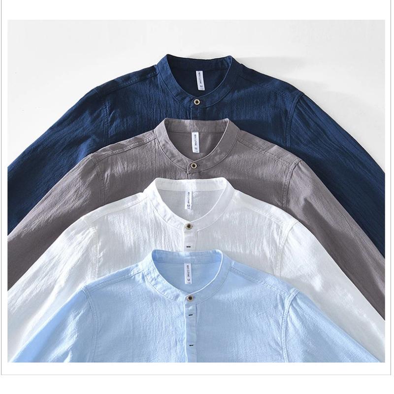 Chinese Retro Style Cotton Linen Tshirt for Men Summer Long Sleeve Top Daily Casual Stand Collar Pullover Men T-shirt 4XL