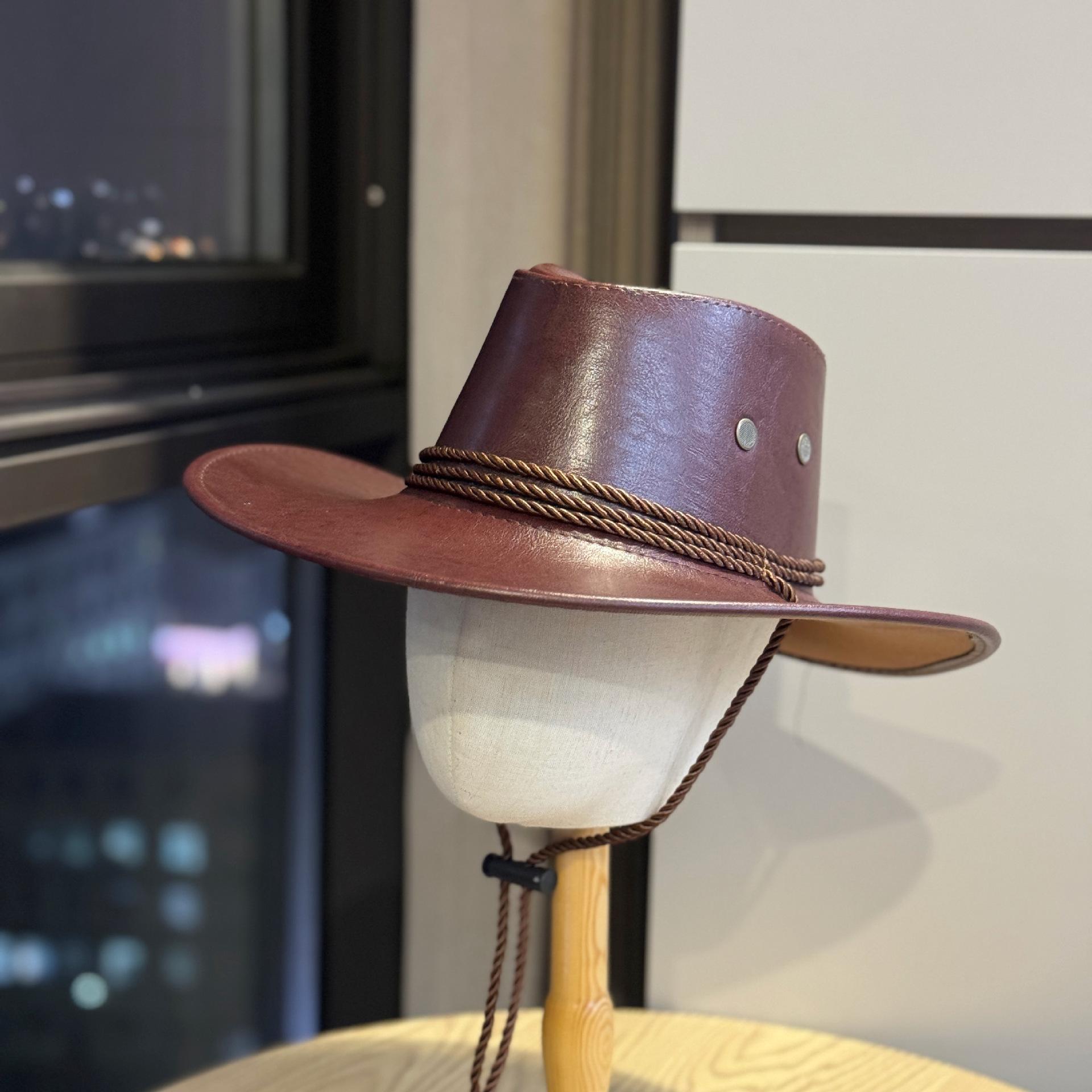 

Vintage American-style leather western cowboy hat for men and women, couple s outdoor travel wide-brimmed sun hat, seaside jazz hat Adult54-60Average Size brick червоний колір