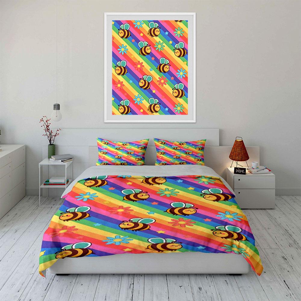 Colorful Bee Pattern Set Multiple Sizes Kid'S And Adults' Bedroom Exquisite 3Pc Bedding Set, Gift
