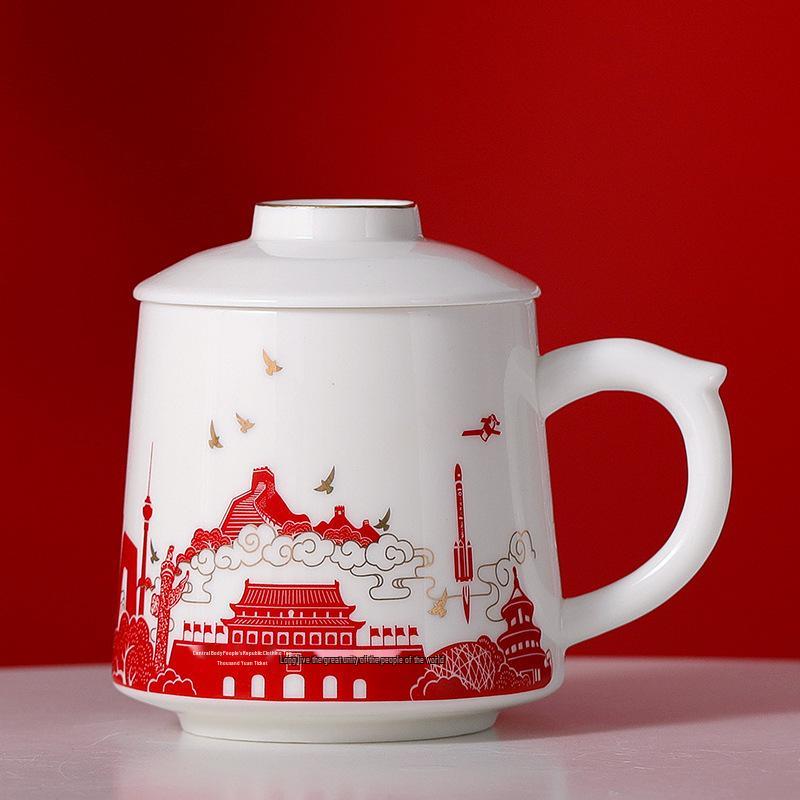Chinese Style Ceramic Tea Cup with Lid, Filter, and Logo