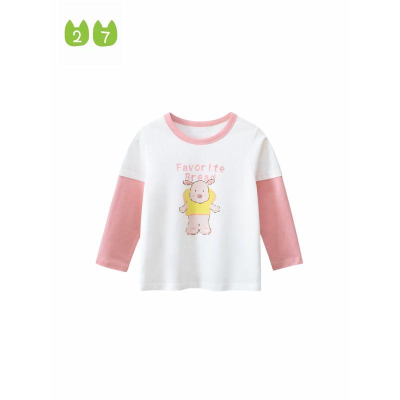 27home Children's Clothing Spring and Autumn Girl Pig Fake Two-Piece Bottoming Shirts Babies' Long Sleeve T-shirt Baby Pure Cotton Clothes