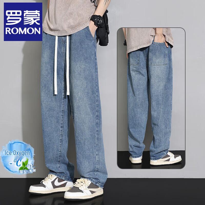 Romon Men s Elastic Waist Loose Straight Jeans L