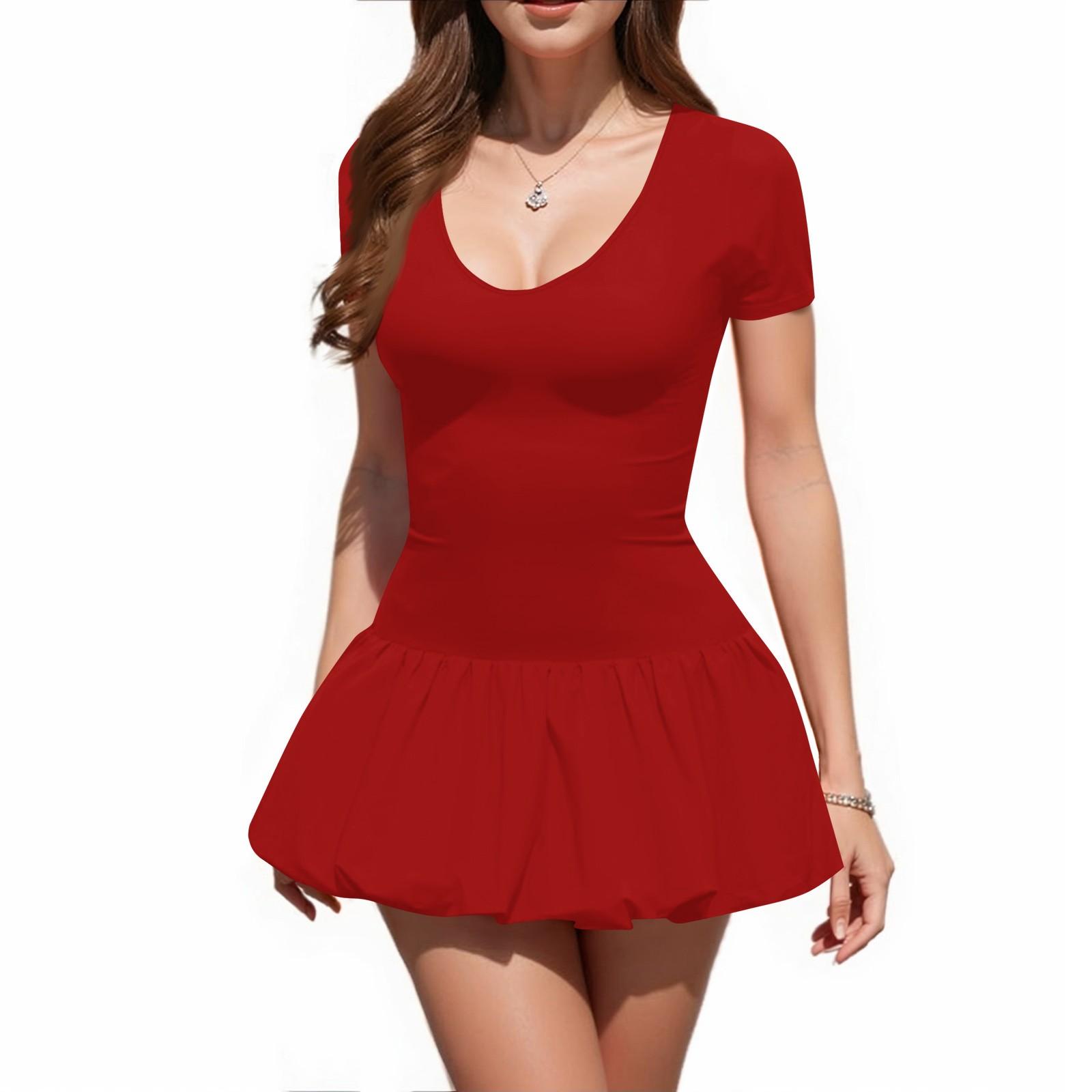 

Женское модное сексуальное цветное платье с коротким рукавом, круглым вырезом и подолом-пузырем M красный