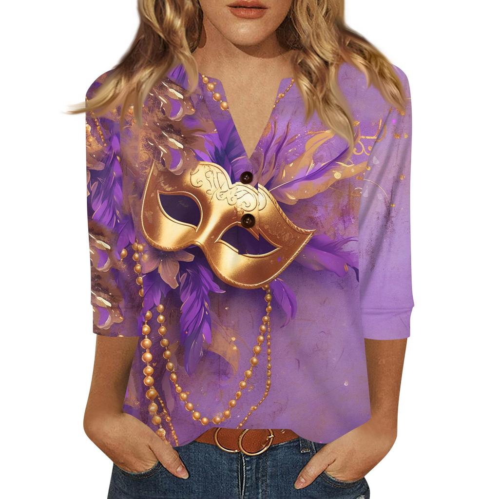 Women's Carnival Printed Fashionable Casual V-neck Button Seven Inch Sleeve T-shirt Top