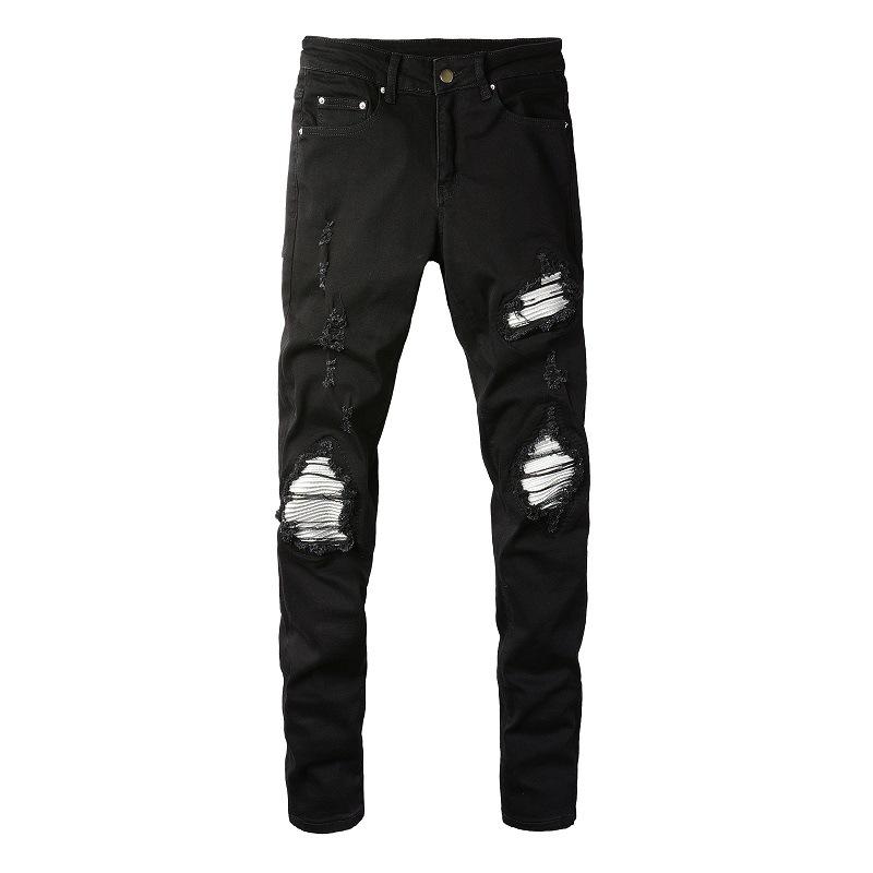 

Черные джинсы, мужские прямые новые брюки Tide High Street с серебряными нашивками, эластичные тонкие джинсы High Street Small Foot 28 чёрный