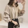 2025 Korean Style Off-Shoulder Chiffon Blouse: Women's Loose Bubble Top, Slimming Solid Color Base Shirt